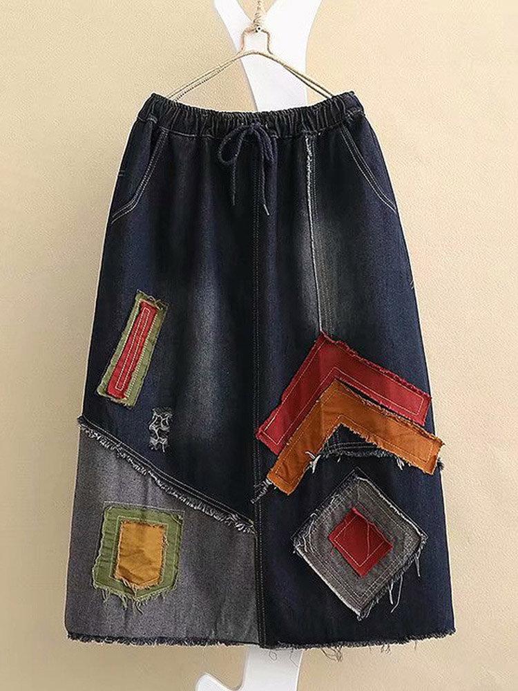 Vintage Patch Elastic Waist Denim Bottom Skirt