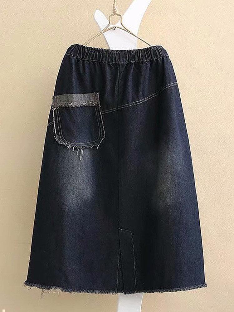 Vintage Patch Elastic Waist Denim Bottom Skirt