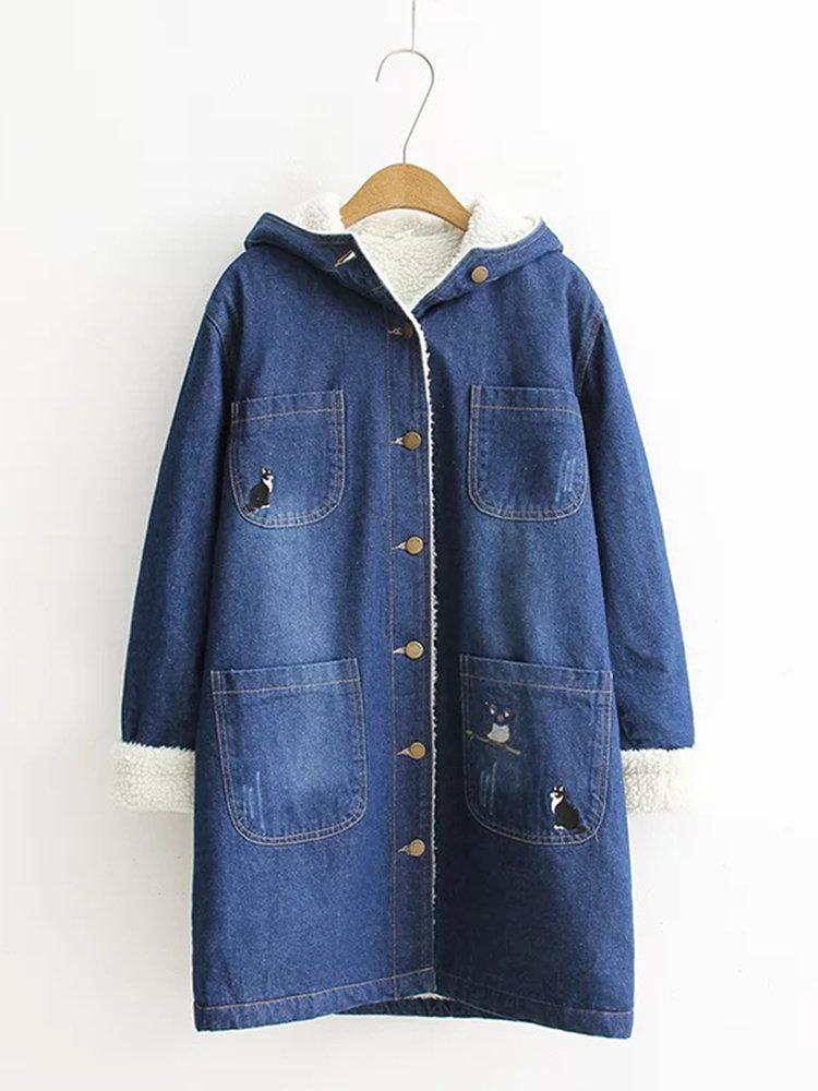 Inner Faux Lamb Cashmere Medium Long Denim Hooded Coat