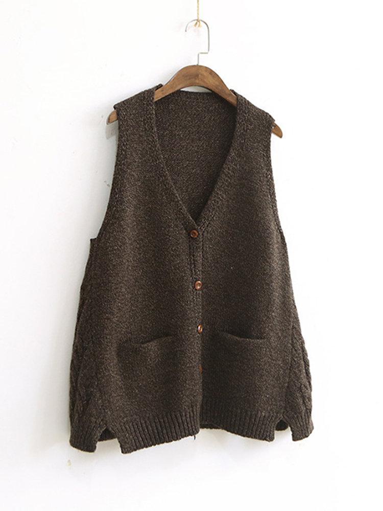 Women Pure Color V-Neck Pocket Buttons Vest Sweaters