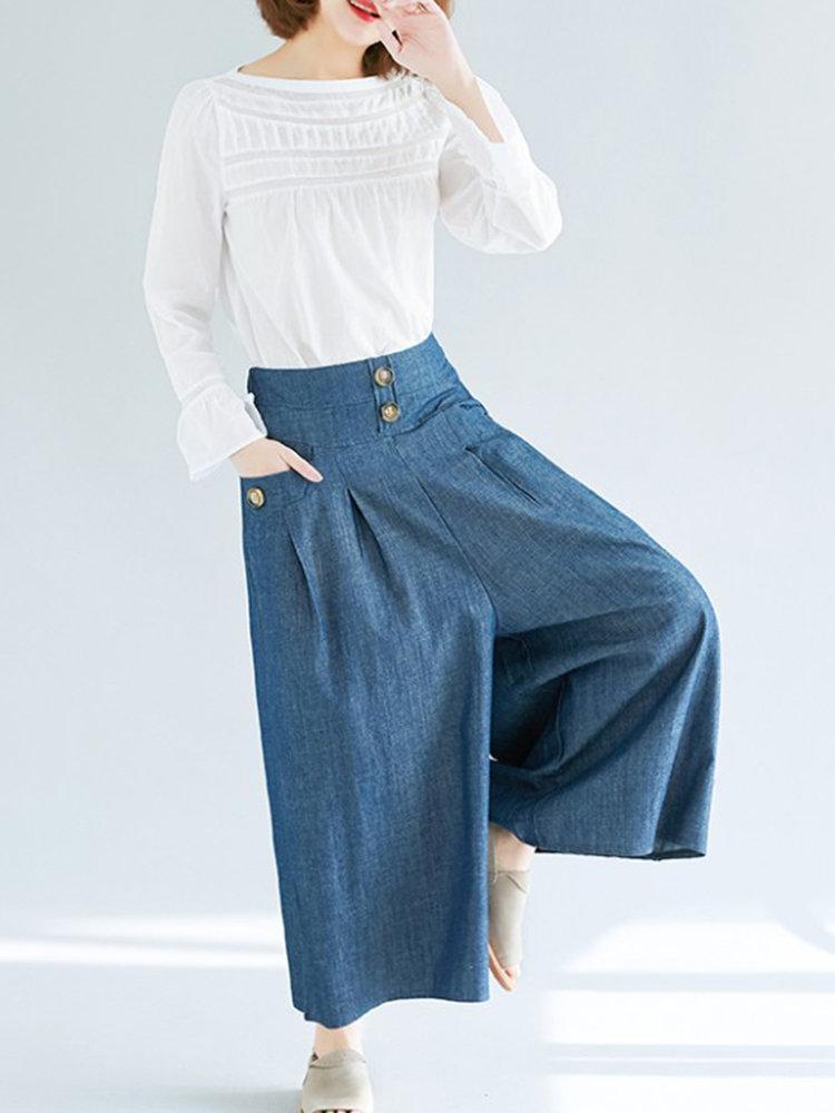 High Waist Button Wide Leg Solid Color Casual Denims