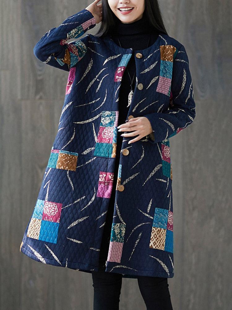 Long Sleeve Geometric Print Loose Vintage Coat