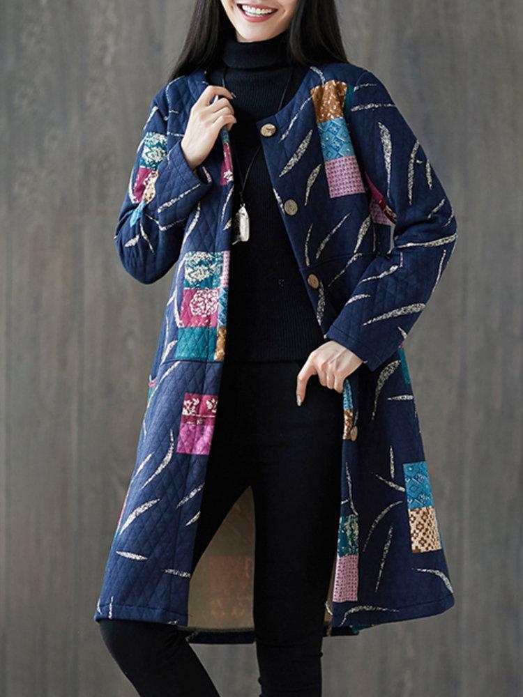 Long Sleeve Geometric Print Loose Vintage Coat