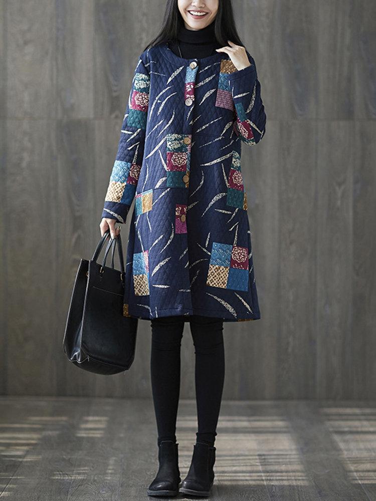 Long Sleeve Geometric Print Loose Vintage Coat