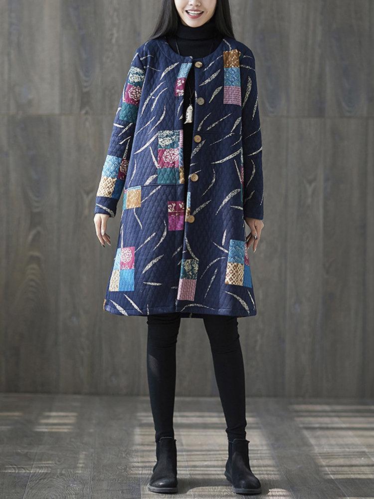 Long Sleeve Geometric Print Loose Vintage Coat