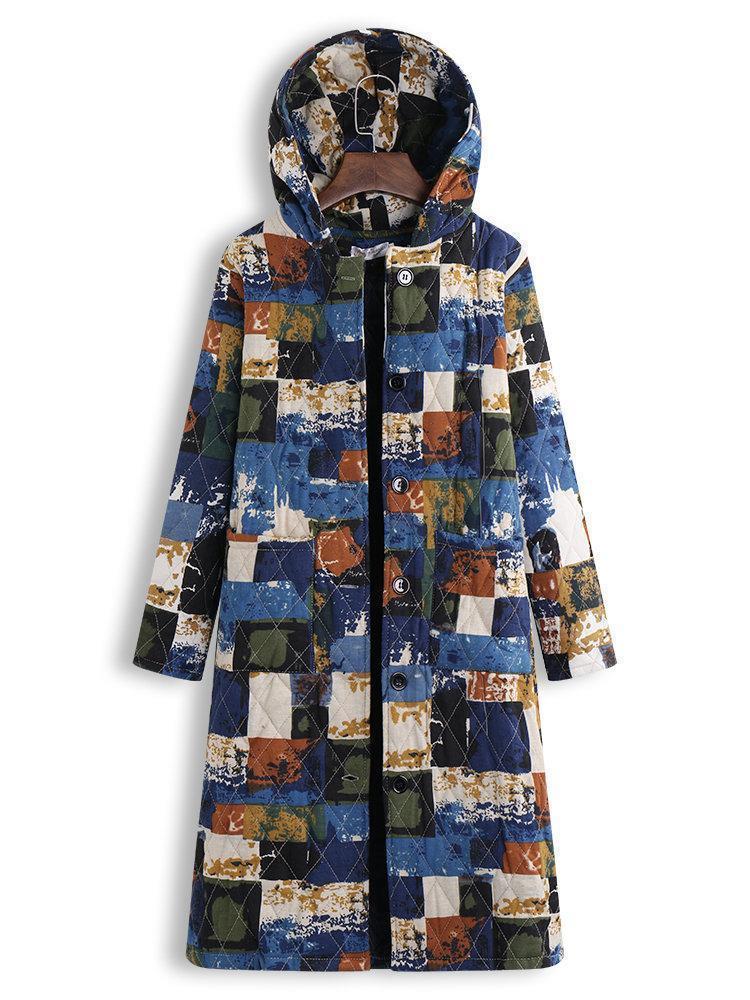 Multi-color Geometric Print Hooded Long Sleeve Vintage Coat