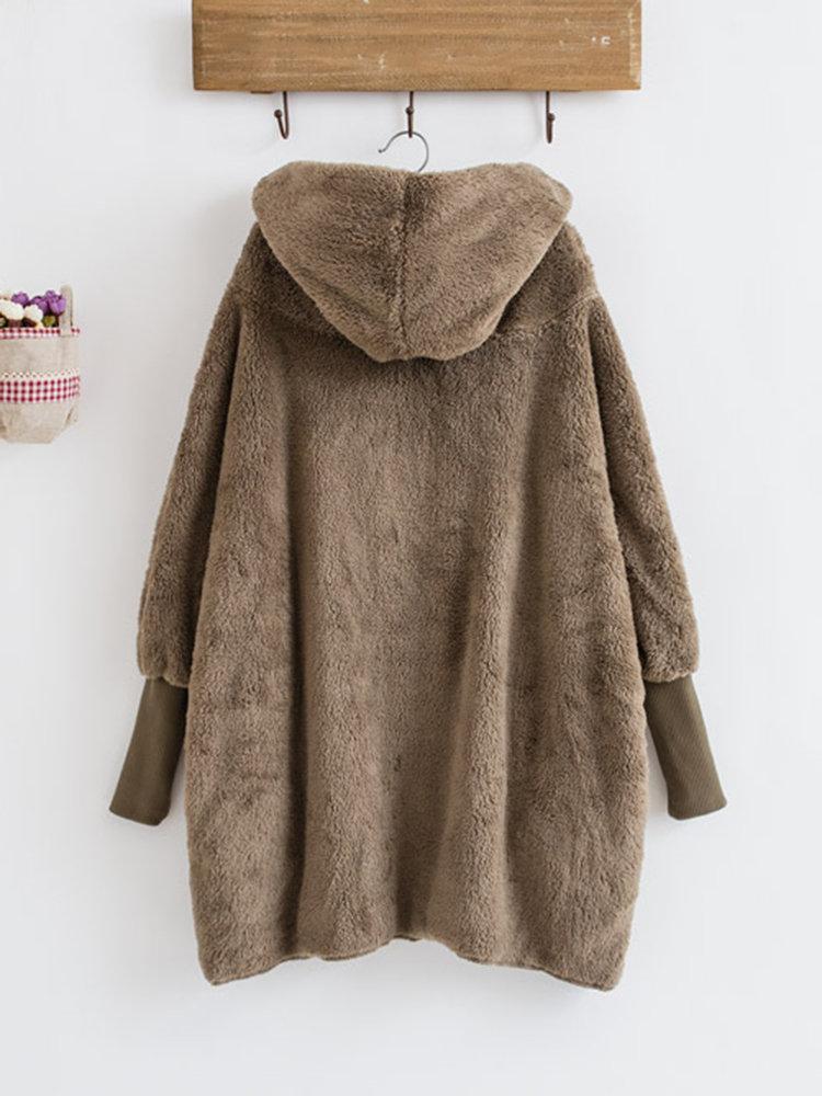 Casual Pure Color Thicken Bat Sleeve Hooded Women Plush Coats