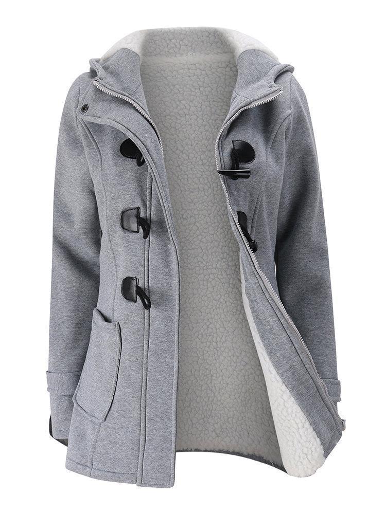 Women Horn Buttons Long Sleeve Hooded Thicken Coat