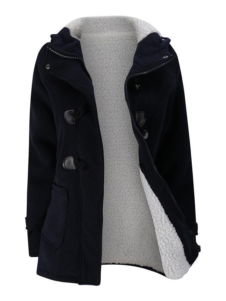 Women Horn Buttons Long Sleeve Hooded Thicken Coat