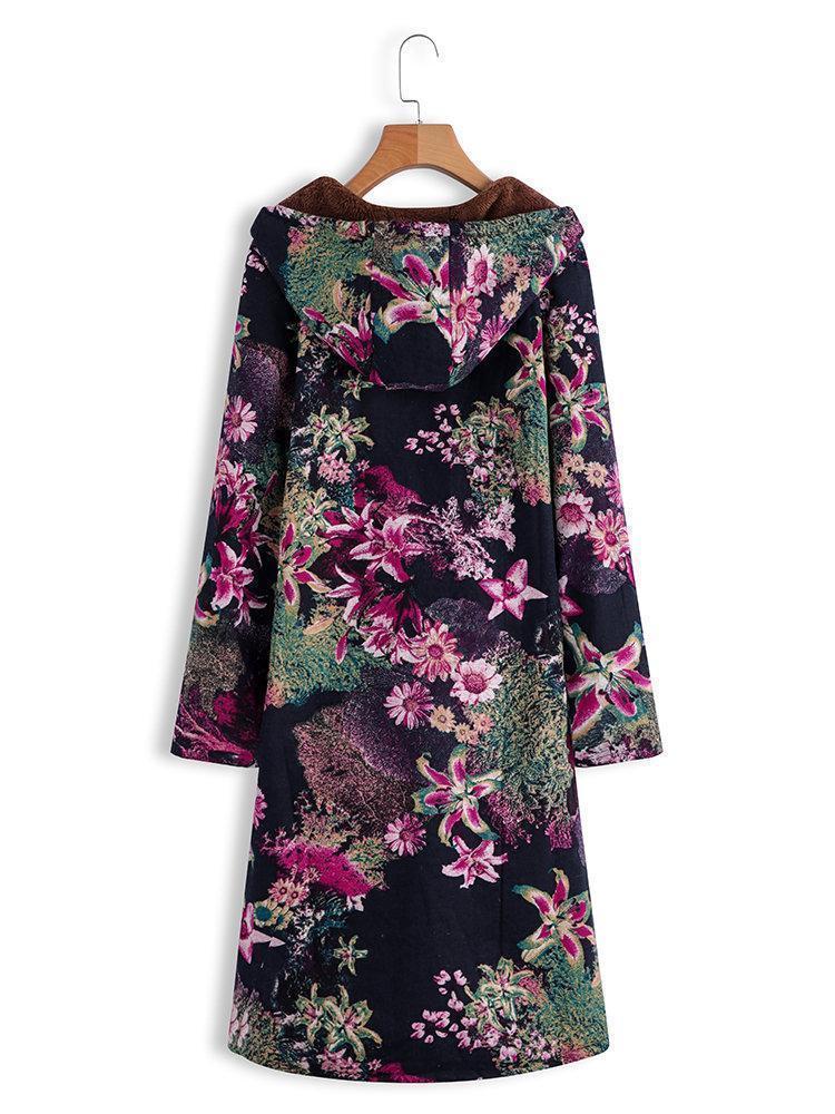 Vintage Floral Print Long Sleeve Hooded Coat