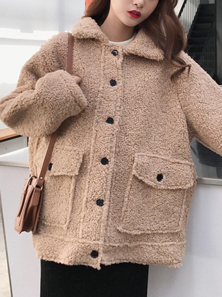 Pure Color Pocket Design Button Casual Lamb Coat