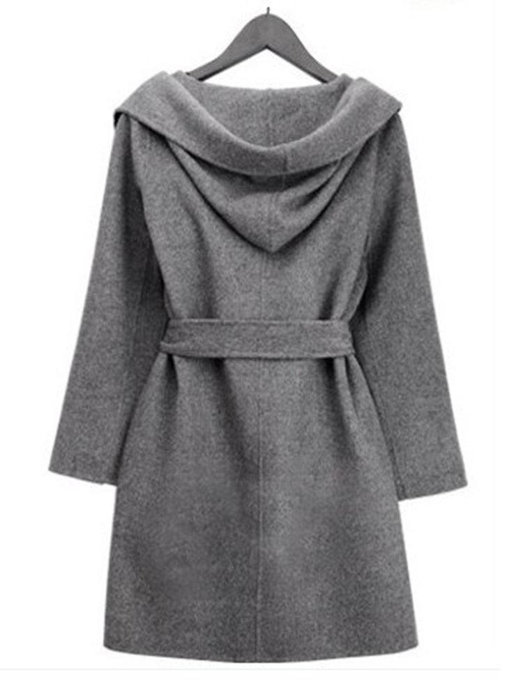 Woolen Hooded Solid Color Tie Waist Coat