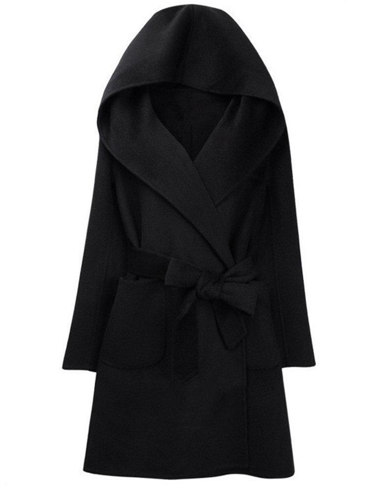 Woolen Hooded Solid Color Tie Waist Coat