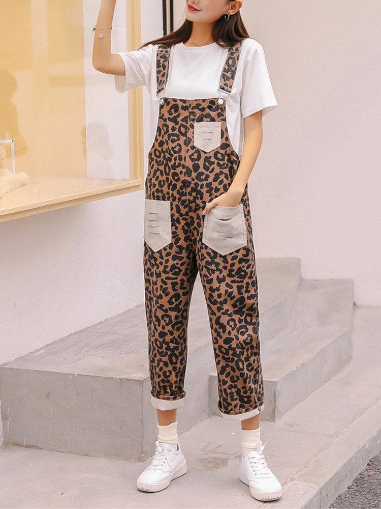 Women Casual Loose Patchwork Leopard Print Hollow Pocket Jumpsuits