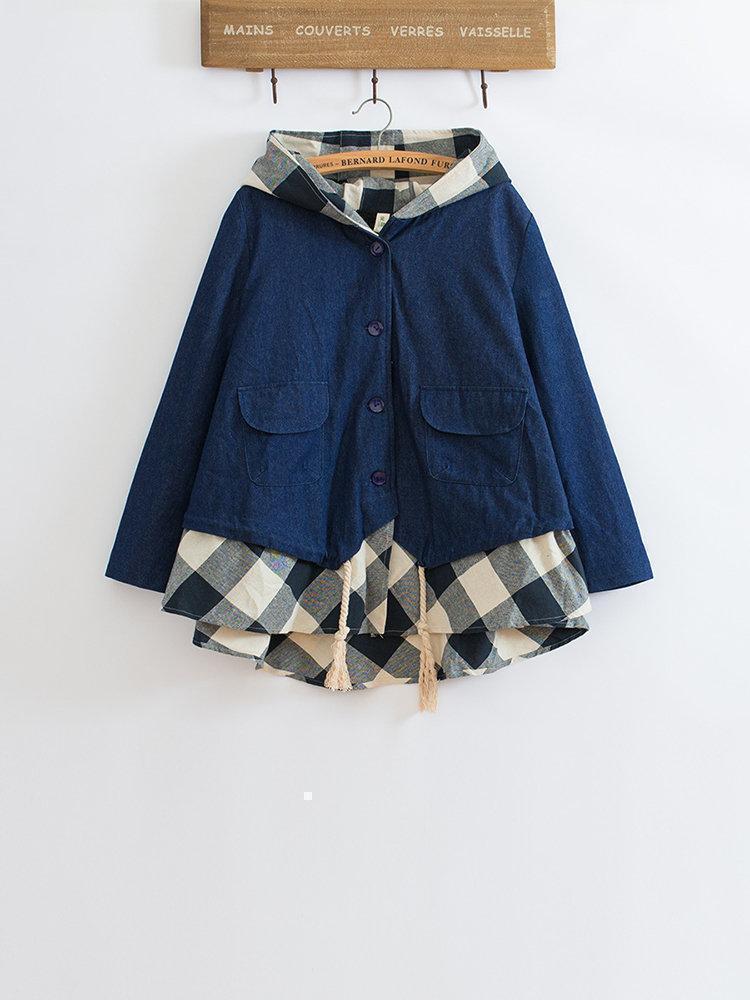 Plaid Print Patchwork Hooded Long Sleeve Casual Coat