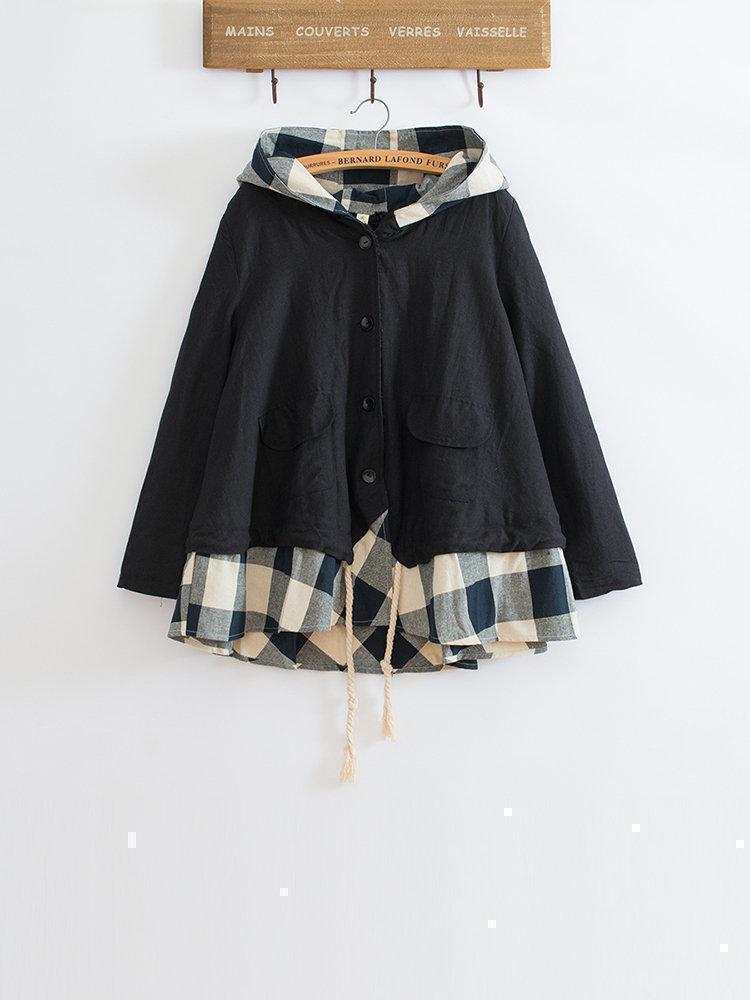 Plaid Print Patchwork Hooded Long Sleeve Casual Coat