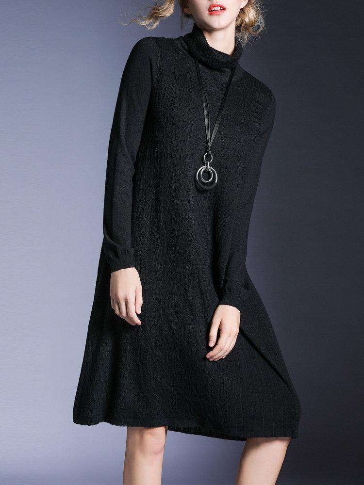 Solid Color High Collar Sweater Pleated Dresses