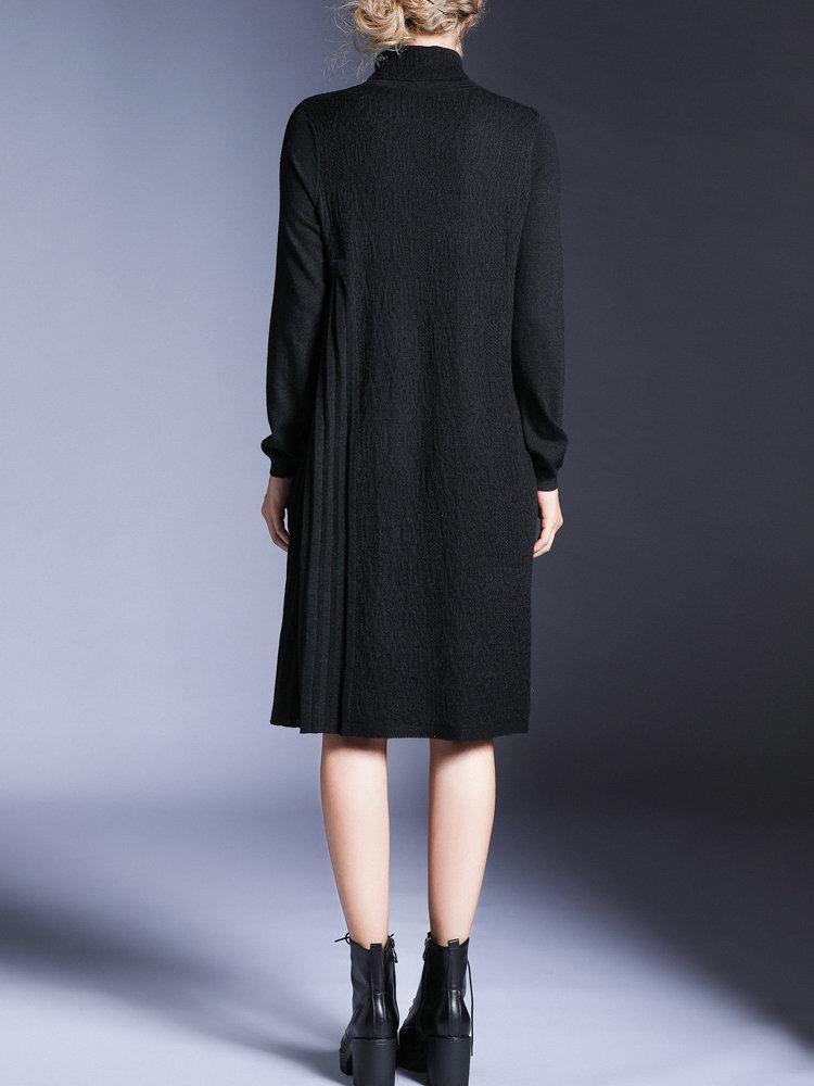 Solid Color High Collar Sweater Pleated Dresses