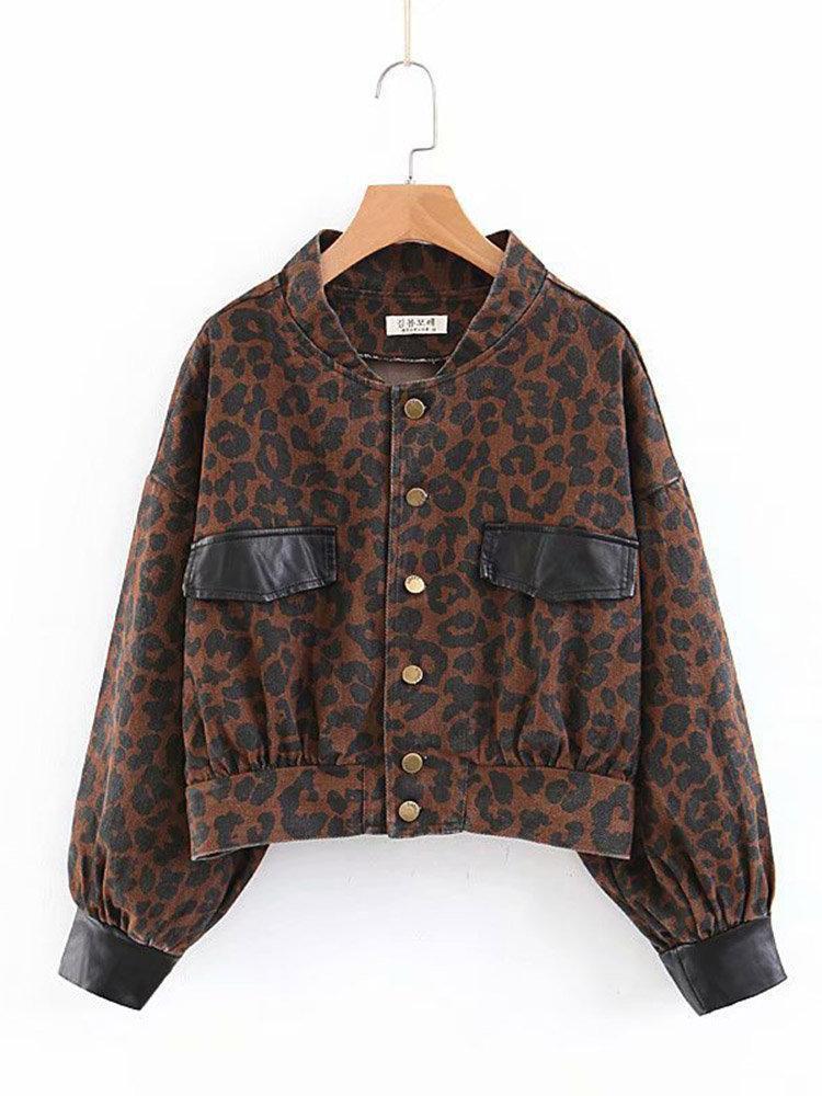 Women Patchwork Leopard Print Button Fly Pocket Denim Motorcycle Jacket