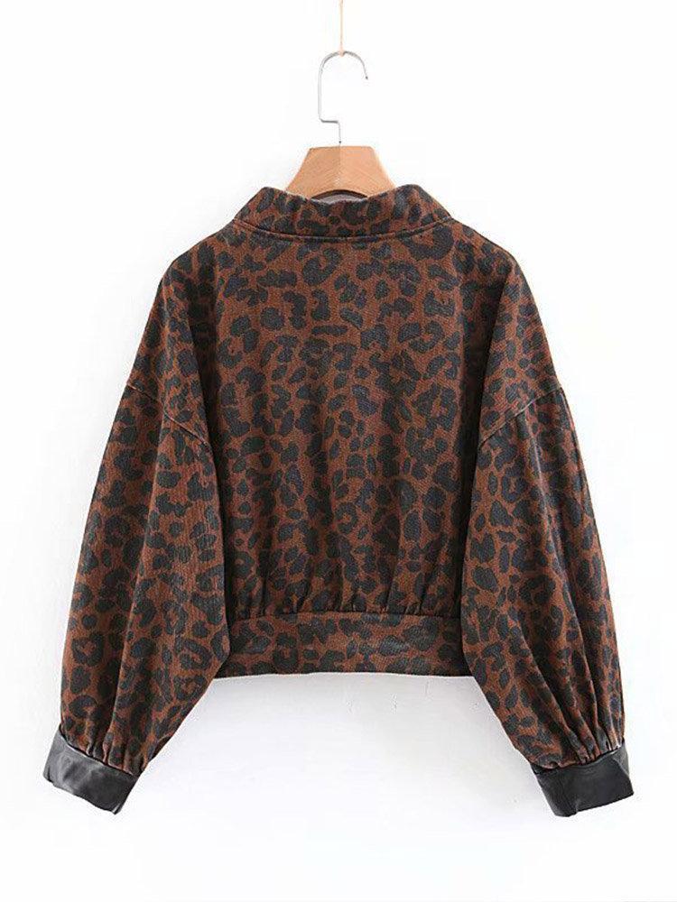 Women Patchwork Leopard Print Button Fly Pocket Denim Motorcycle Jacket