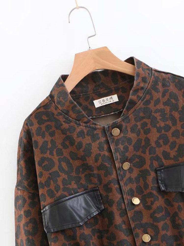 Women Patchwork Leopard Print Button Fly Pocket Denim Motorcycle Jacket