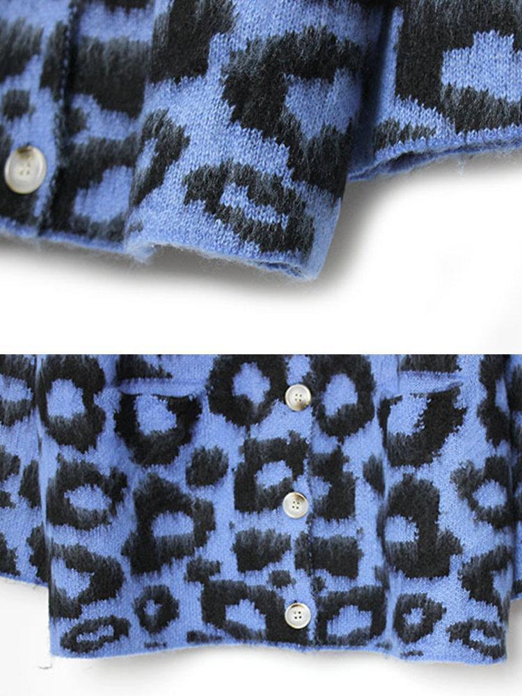 Leopard Print V-neck Button Knit Cardigan For Women