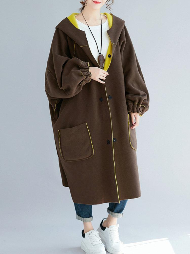 Fleece Reversible Hooded Pockets Side Slit Long Coat