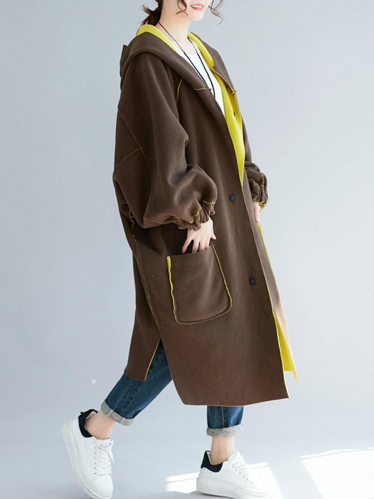 Fleece Reversible Hooded Pockets Side Slit Long Coat