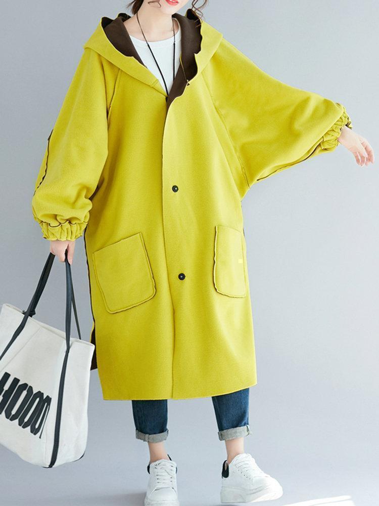 Fleece Reversible Hooded Pockets Side Slit Long Coat