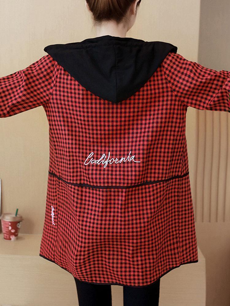 Plaid Letter Print Hooded Long Sleeve Casual Coat