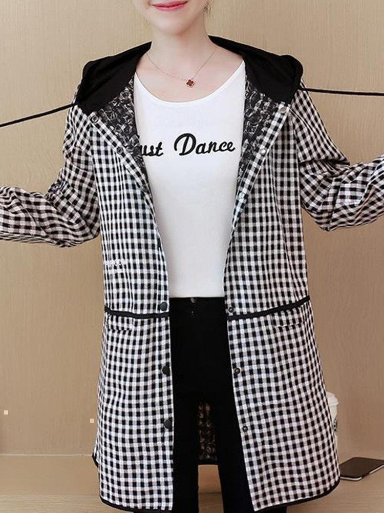 Plaid Letter Print Hooded Long Sleeve Casual Coat