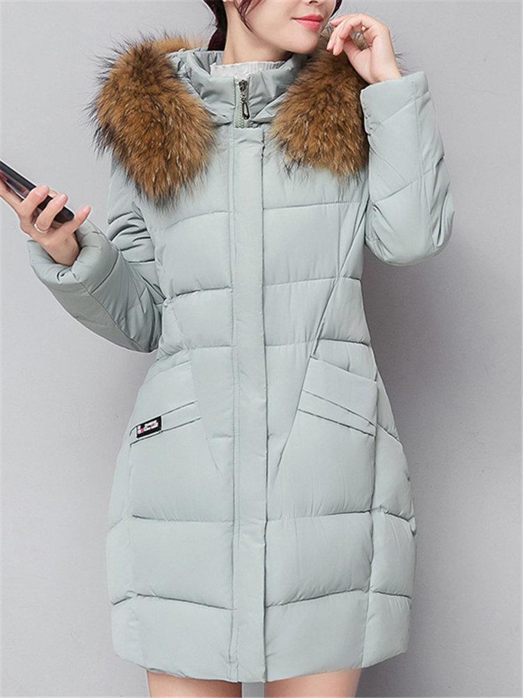 Solid Color Hooded Fur Collar Thicken Warm Long Coat