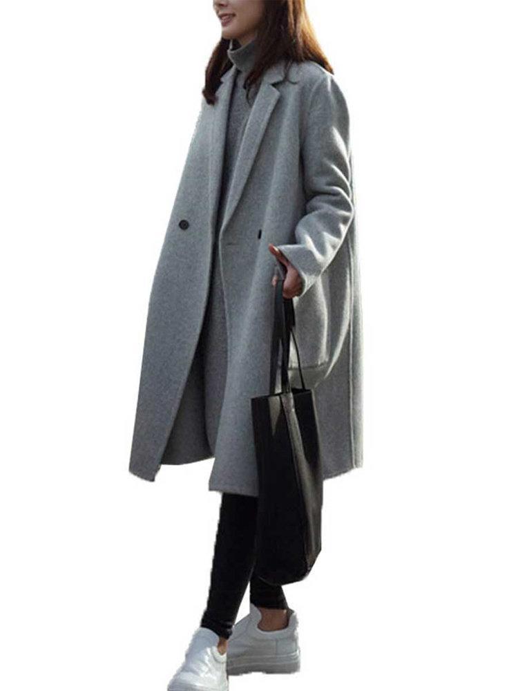 Notch Collar Solid Color Loose Long Coat