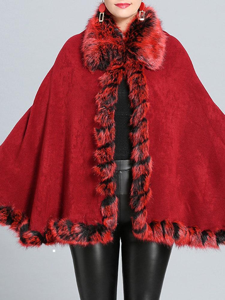 Faux Fox Fur Collar Knit Shawl Autumn Winter Outerwear Coat