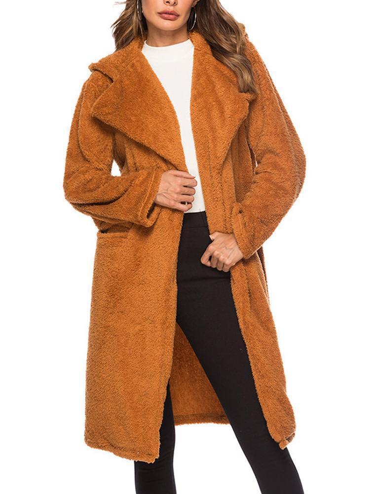 Hooded Fleece Long Sleeve Solid Color Casual Coat