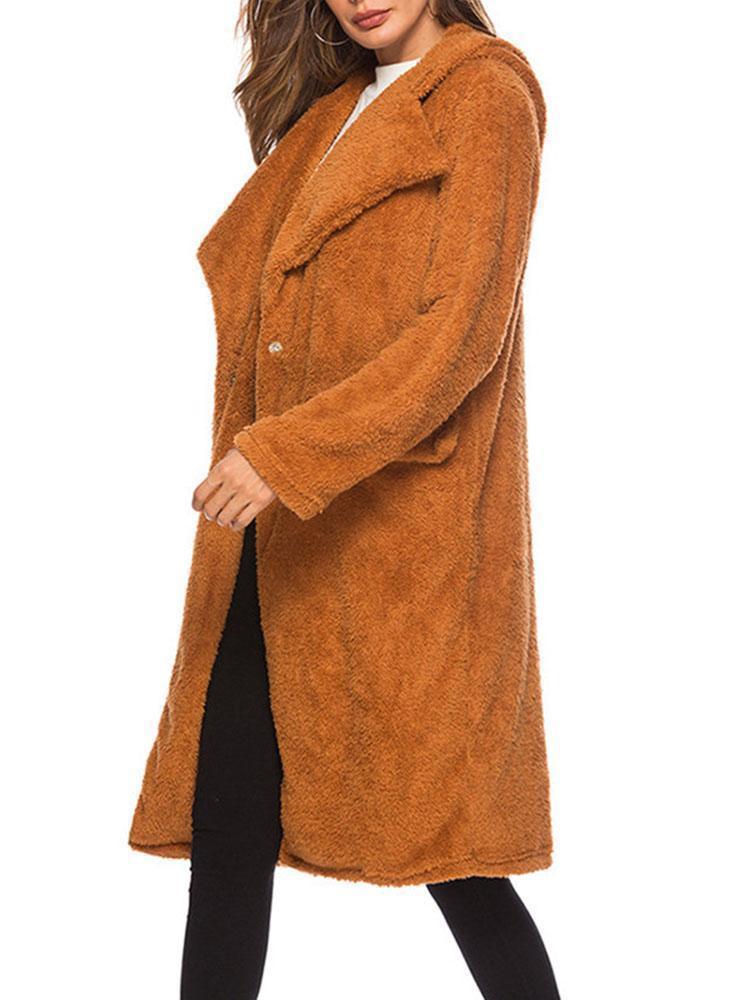 Hooded Fleece Long Sleeve Solid Color Casual Coat