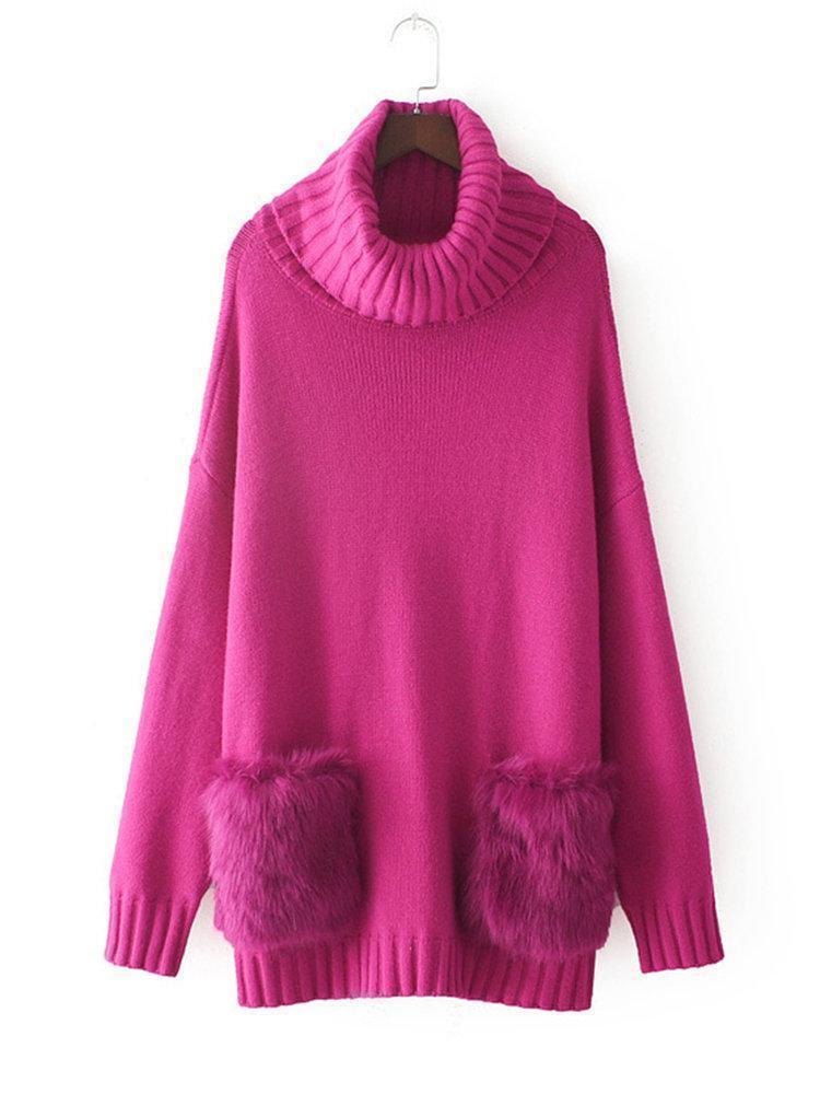 Women Turtleneck Faux Fur Pocket Pure Color Sweaters