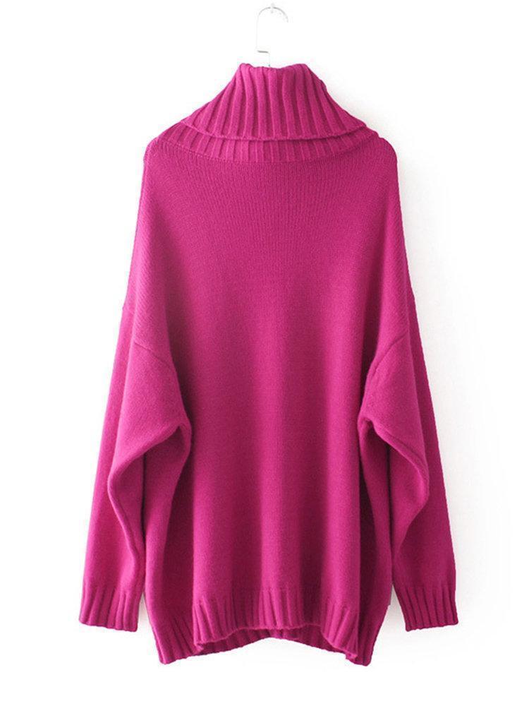 Women Turtleneck Faux Fur Pocket Pure Color Sweaters