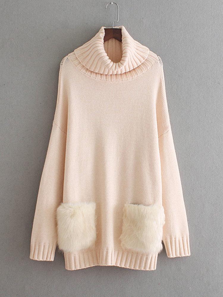 Women Turtleneck Faux Fur Pocket Pure Color Sweaters