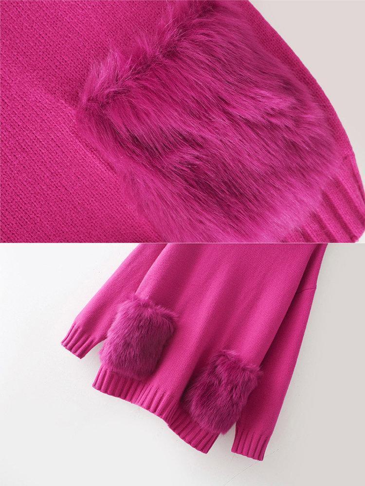 Women Turtleneck Faux Fur Pocket Pure Color Sweaters