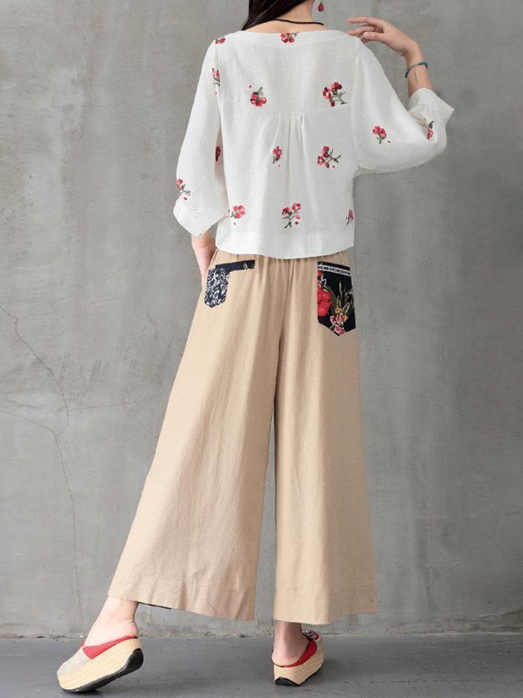 Folk Style Floral Print Patchwork Splited High Waist Women Pants