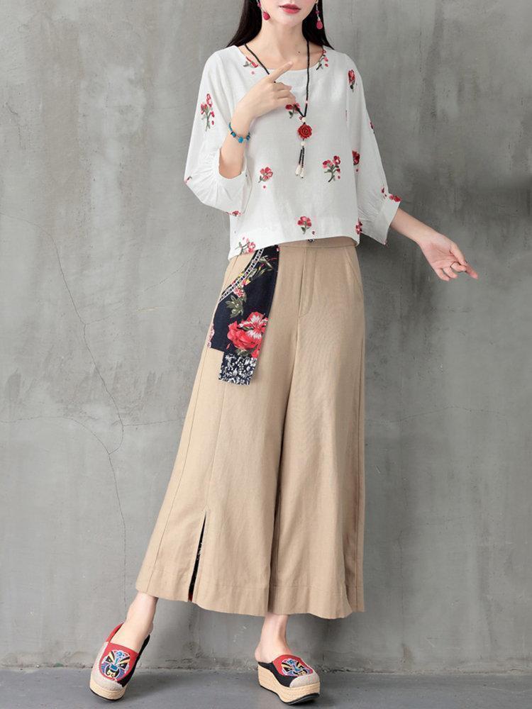 Folk Style Floral Print Patchwork Splited High Waist Women Pants