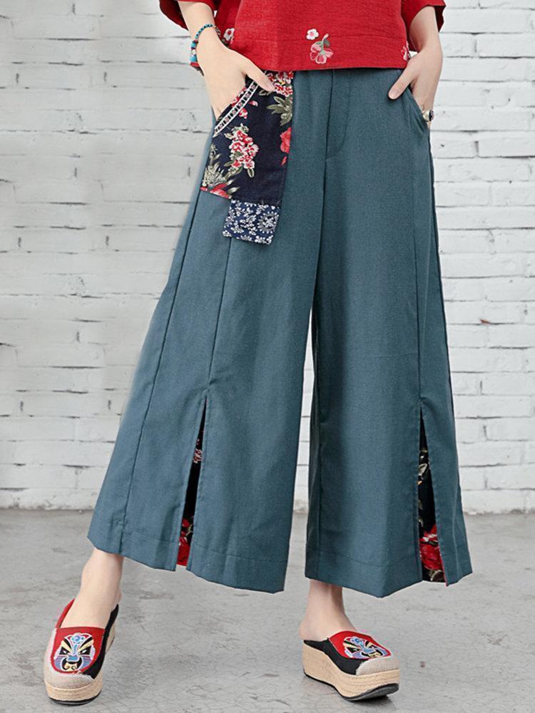 Folk Style Floral Print Patchwork Splited High Waist Women Pants