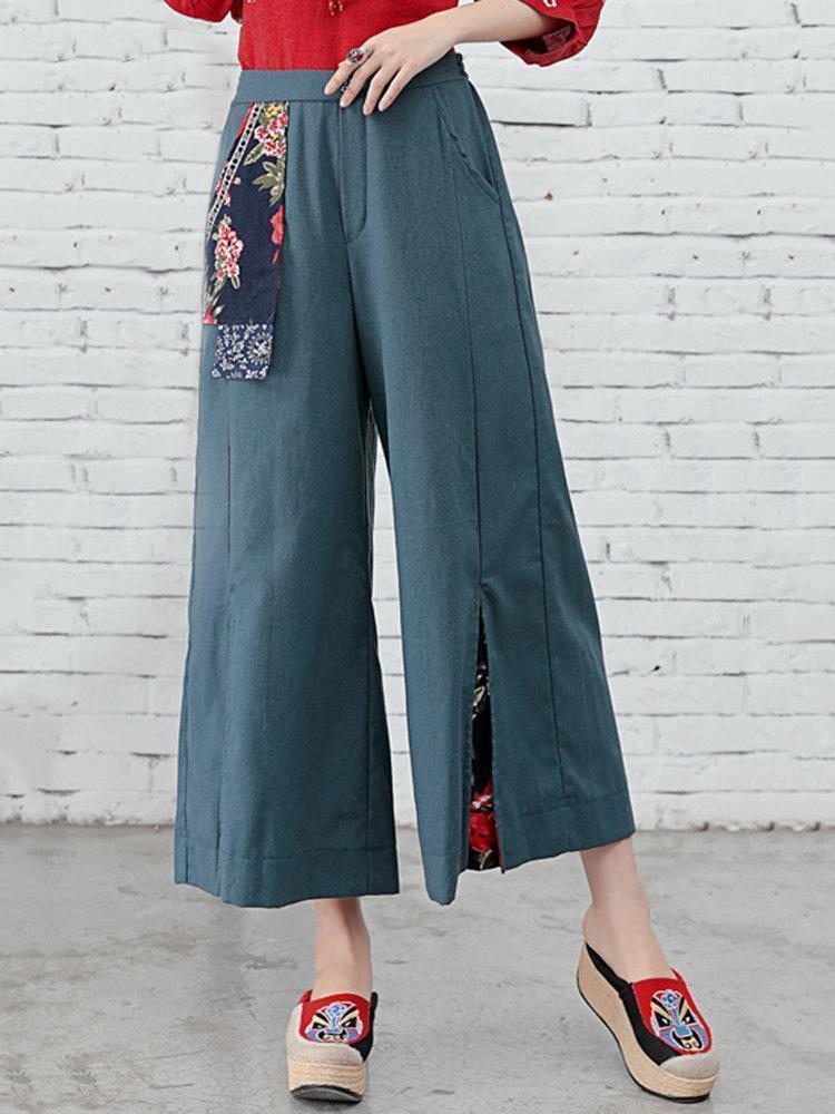 Folk Style Floral Print Patchwork Splited High Waist Women Pants