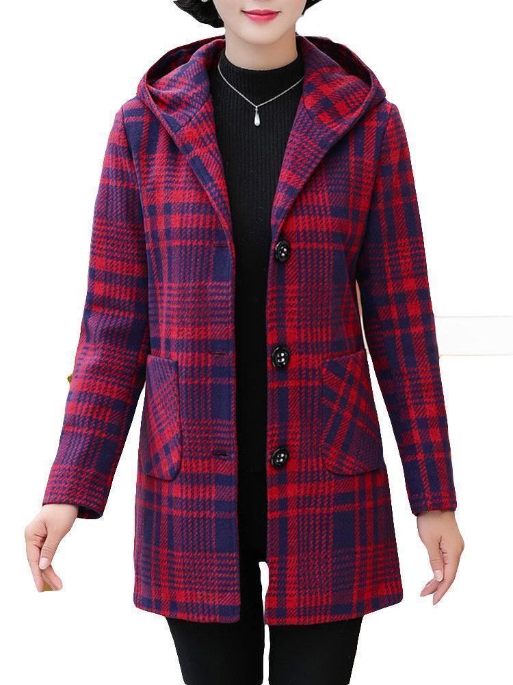 Plaid Single Breasted Woolen Blend Hooded Coat