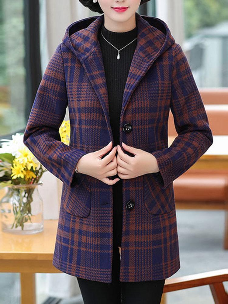 Plaid Single Breasted Woolen Blend Hooded Coat