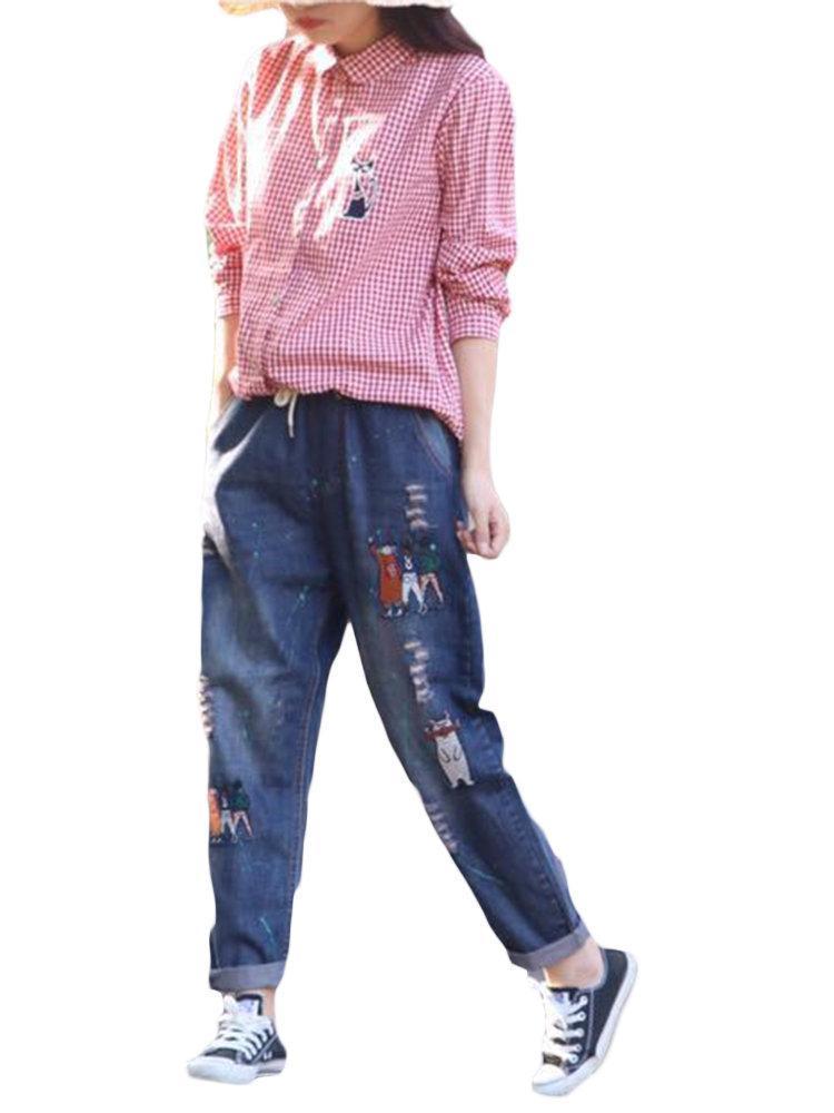 Cartoon Embroidered Elastic Waist Casual Ripped Jeans